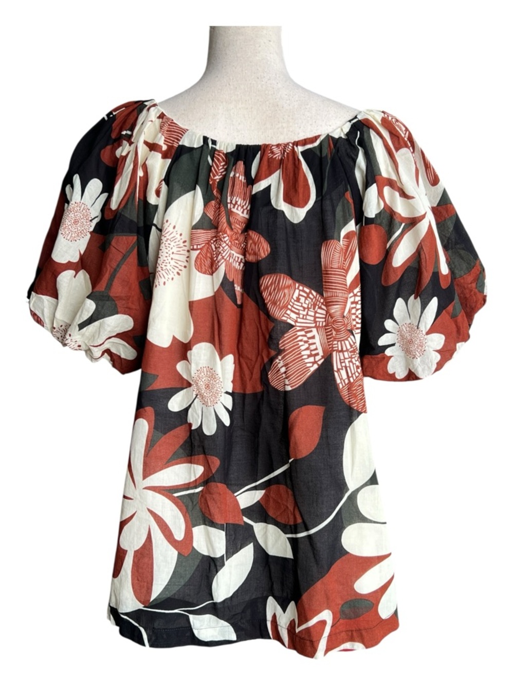 Umgee Black & Rust Floral Puff Sleeve Blouse Size M - Picture 4 of 11